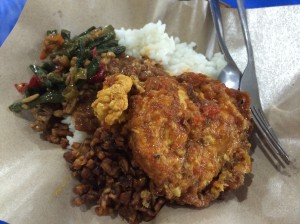 Indonesian mixed vegetables with tempeh (soy bean cake) and fried egg